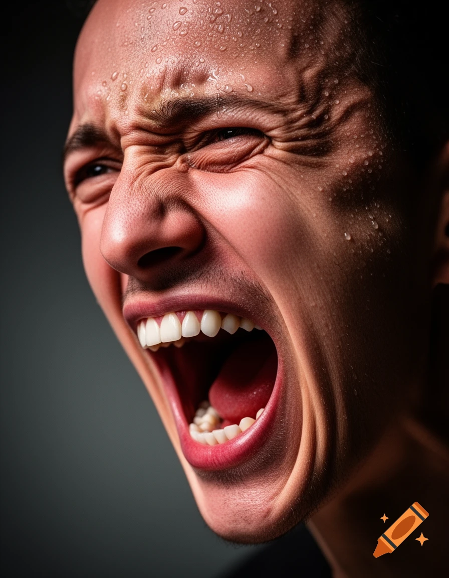 Close-up, photorealistic portrait of a man screaming with an intense, pained expression, his face covered in sweat.