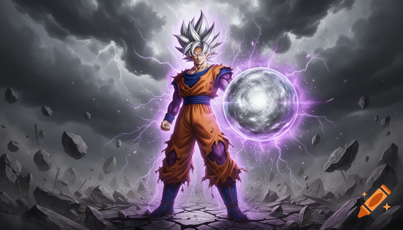Muscular Beast Instinct Gokhan stands in a ruined battlefield under a stormy sky, holding a silver-purple energy sphere, in hyper-detailed anime art.