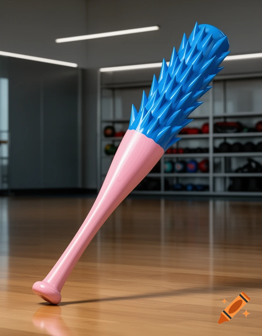 A photorealistic pink baseball bat with a blue spiked barrel leans on a polished wooden floor in a gym.