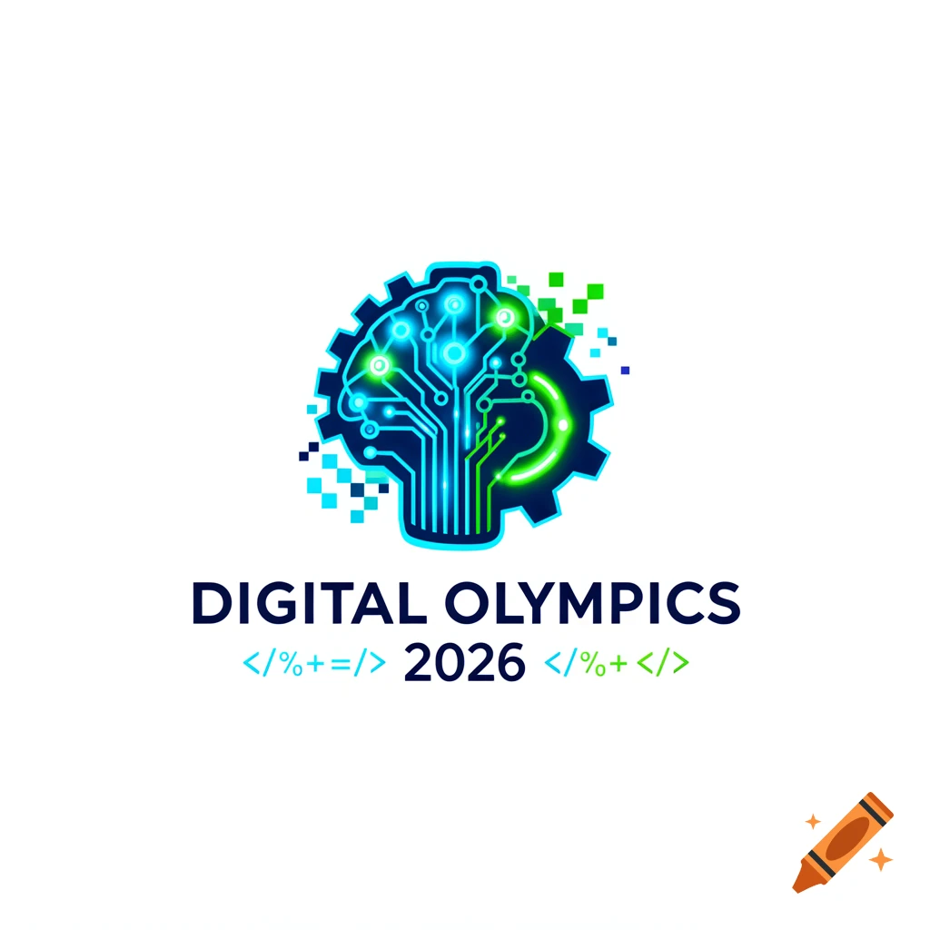 A professional vector logo for "Digital Olympics 2026" featuring a circuit board brain and gear, with coding symbols.