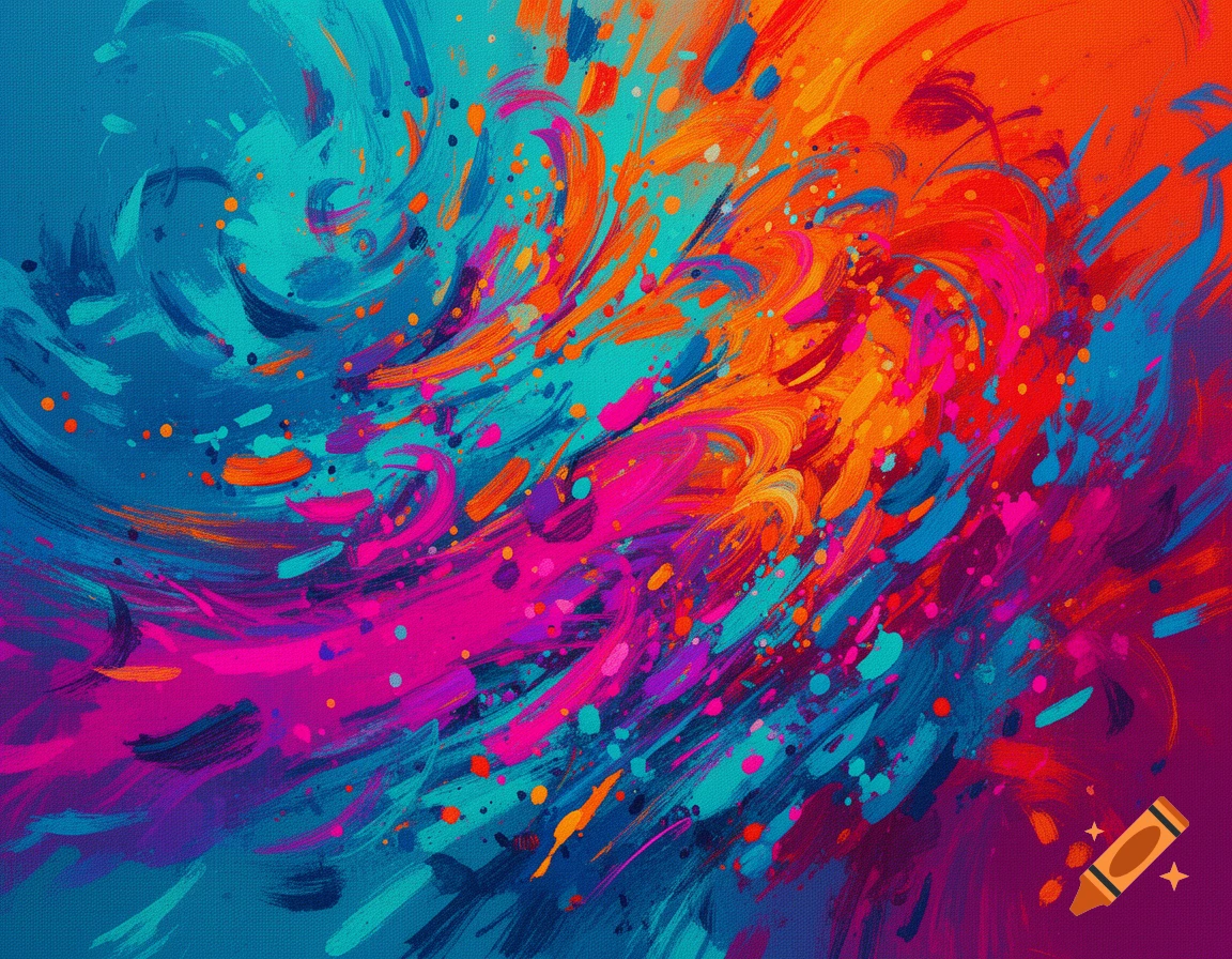 An abstract painting with vibrant, swirling brushstrokes and splatters in blue, teal, orange, pink, and purple, mimicking a canvas texture.