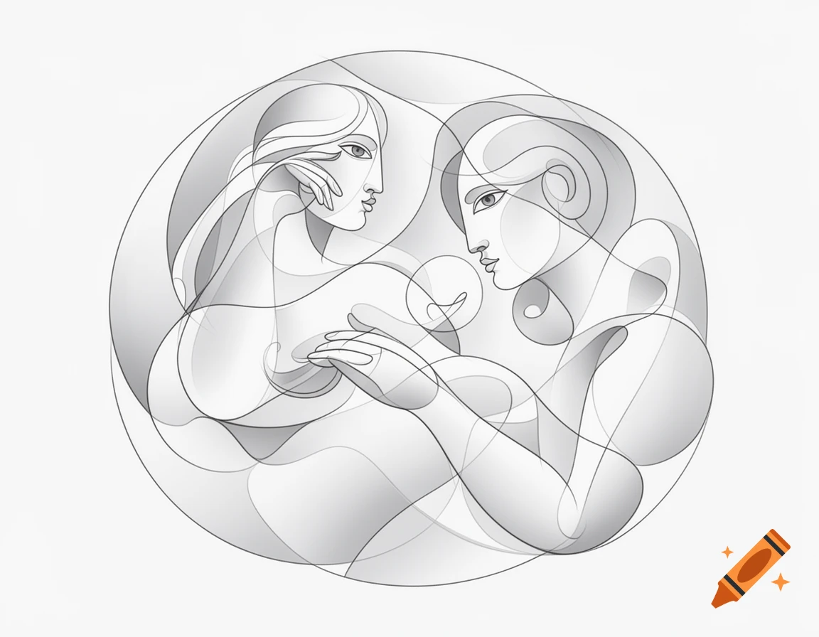 Two stylized female figures intertwine within a circular, minimalist line art illustration with subtle gray gradients.