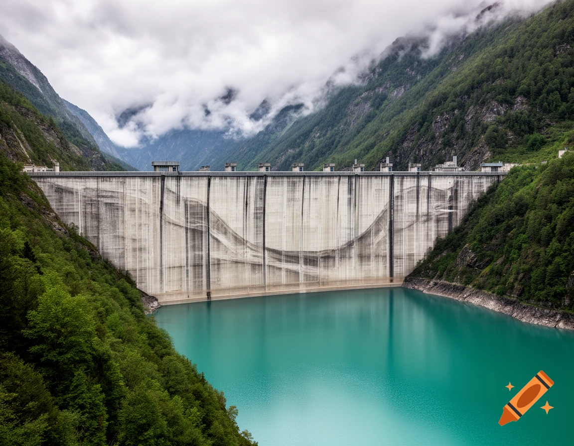 A massive concrete dam holds back a teal lake, surrounded by lush green, cloud-covered mountains under an overcast sky.