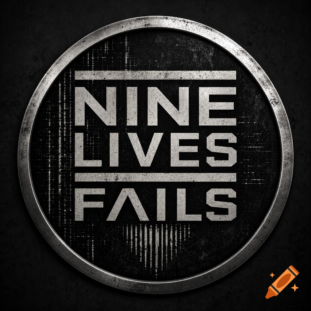 A round, grunge-style metal logo features "NINE LIVES FAILS" in white block letters on a black textured background.