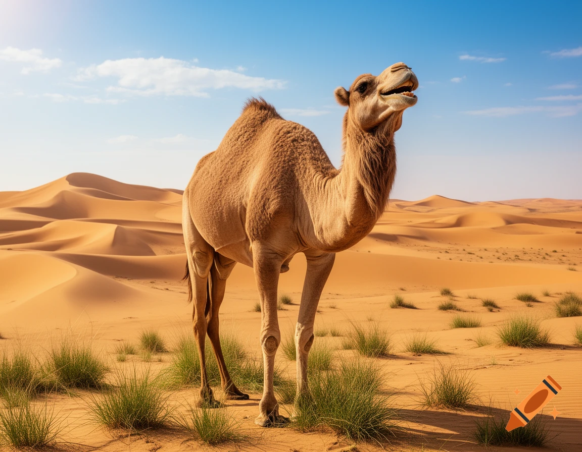 A smiling camel stands in a vast photorealistic desert with sand dunes under a blue sky.
