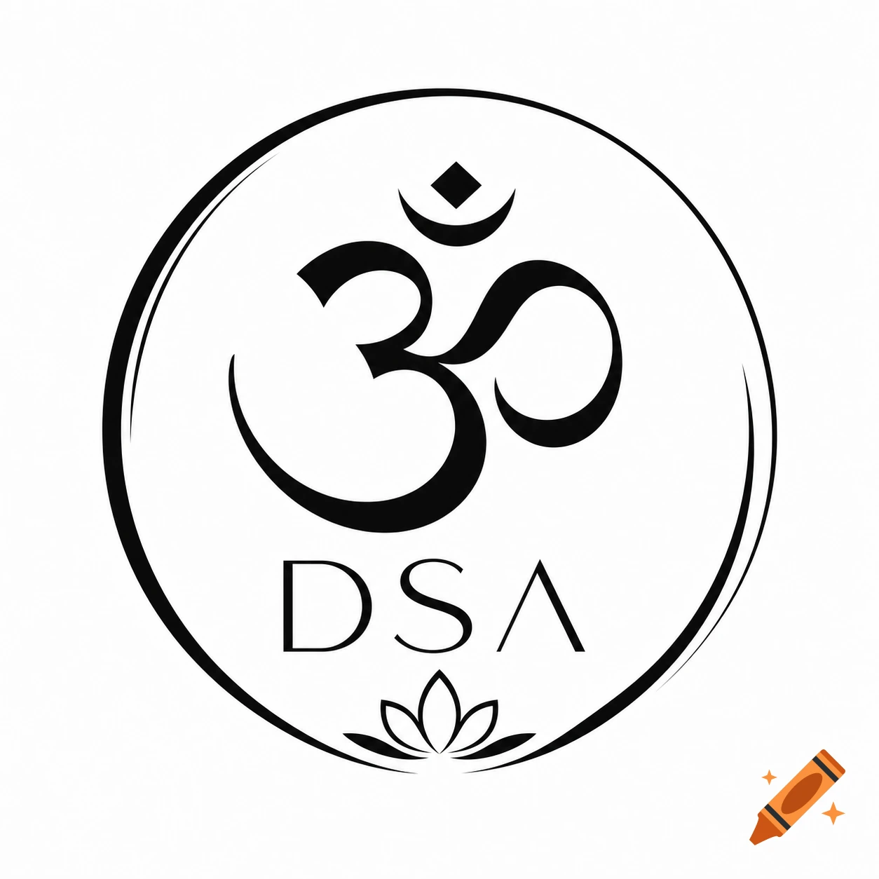 Minimalist black and white logo with Om symbol, DSA initials, and a lotus flower inside a circle.