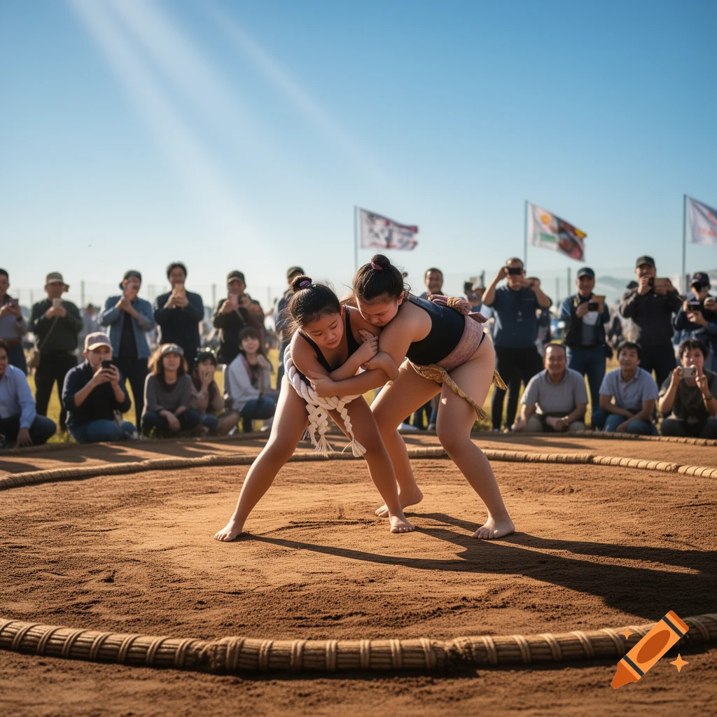 Two women sumo wrestlers grapple in a dirt ring under a clear sky, surrounded by spectators. Photorealistic.