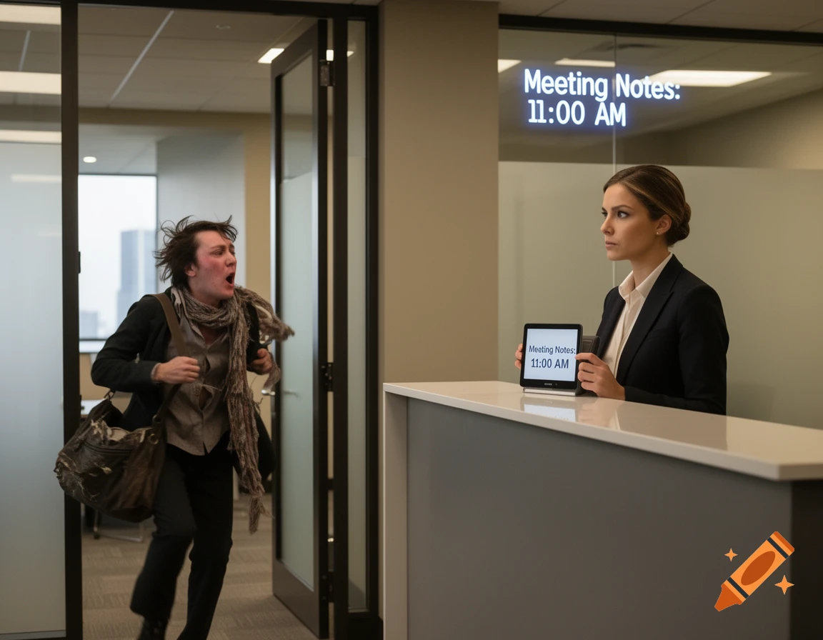 A disheveled man rushes through an office door, mouth open, as a calm woman at a reception desk holds a tablet showing 'Meeting Notes: 11:00 AM'.
