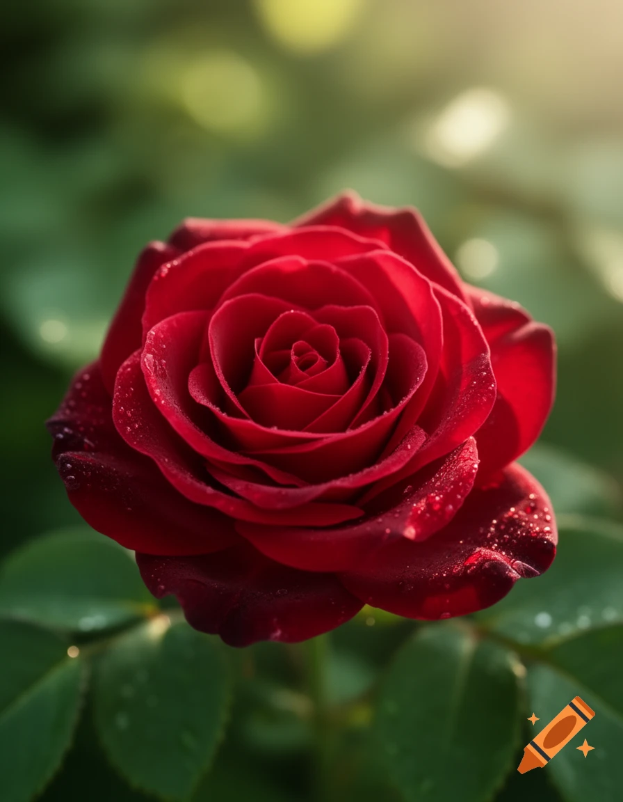 Photorealistic close-up of a vibrant red rose covered in water droplets, with green leaves and a blurred sunny background.