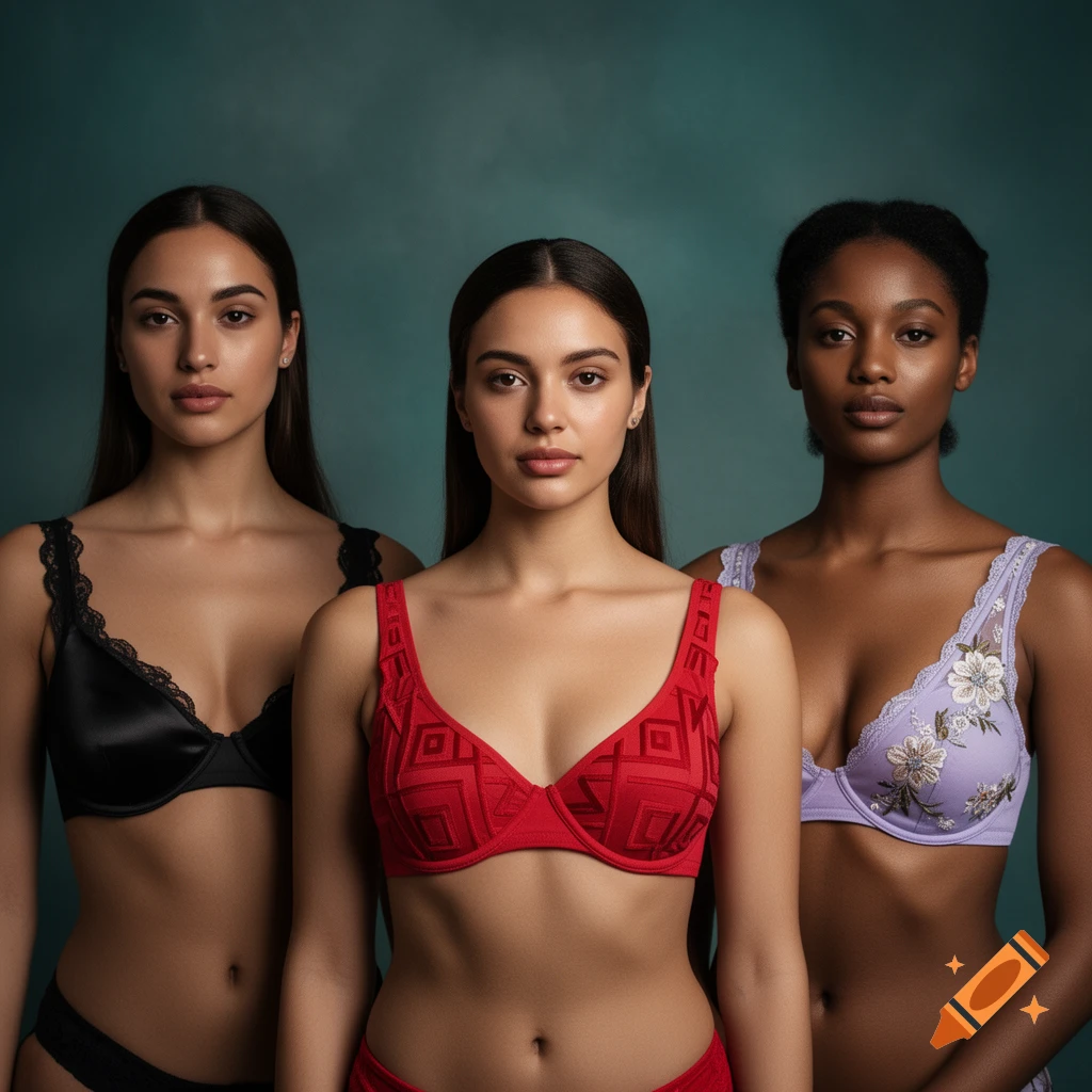 Three women of different ethnicities posing in a photorealistic portrait, wearing black, red, and lavender bras with matching underwear.