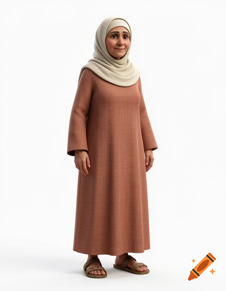Hyper-realistic 3D render of a dignified older Middle Eastern woman in a terracotta thobe and cream hijab, standing against a white background.
