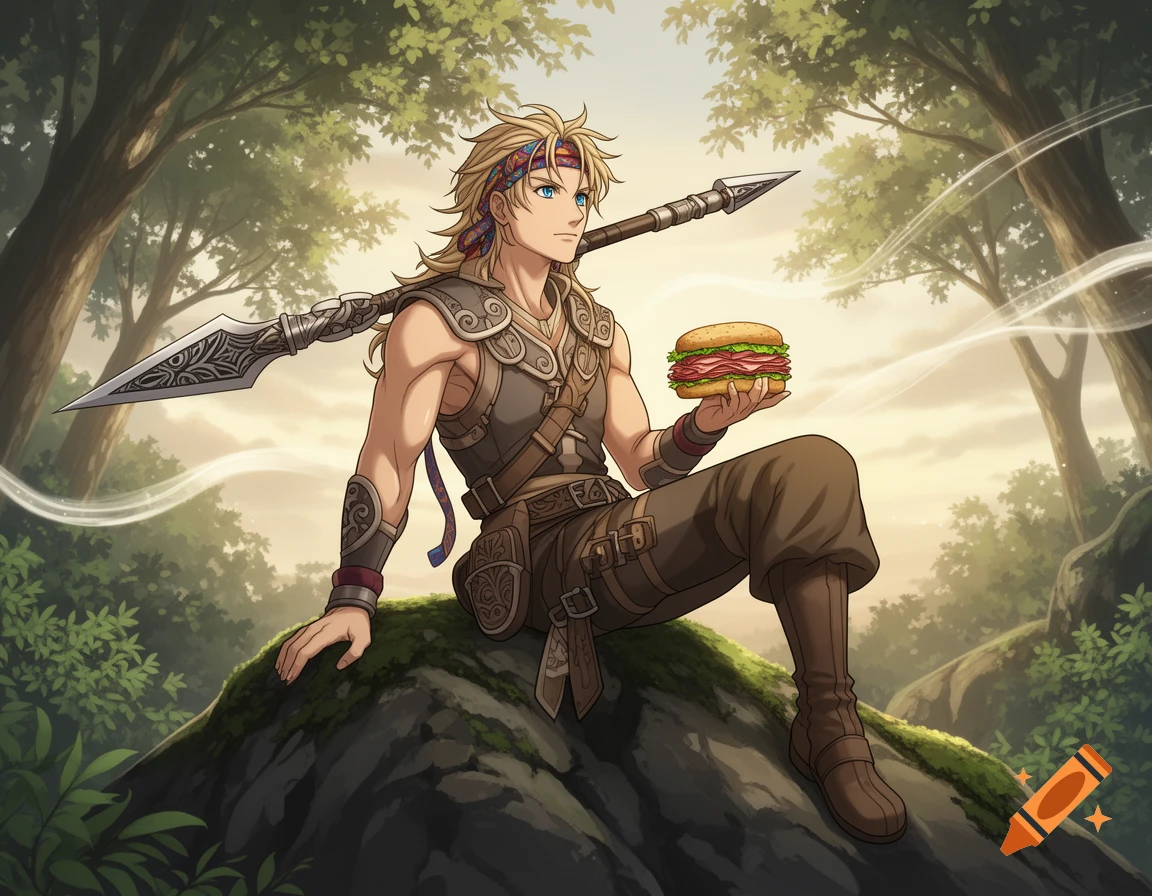 An anime hero with blonde hair sits on a mossy rock, holding a sandwich and a spear, in a lush forest.