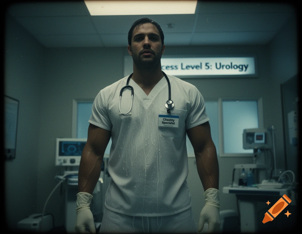 A muscular man in wet white scrubs, a stethoscope, and latex gloves stands in a dimly lit urology room, in a VHS-style photo.