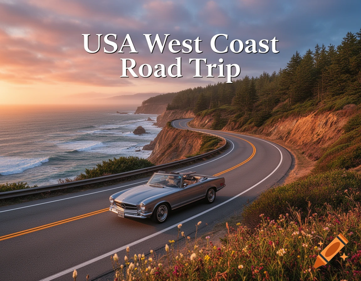 A classic convertible drives on a winding coastal road at sunset, with text 'USA West Coast Road Trip'.