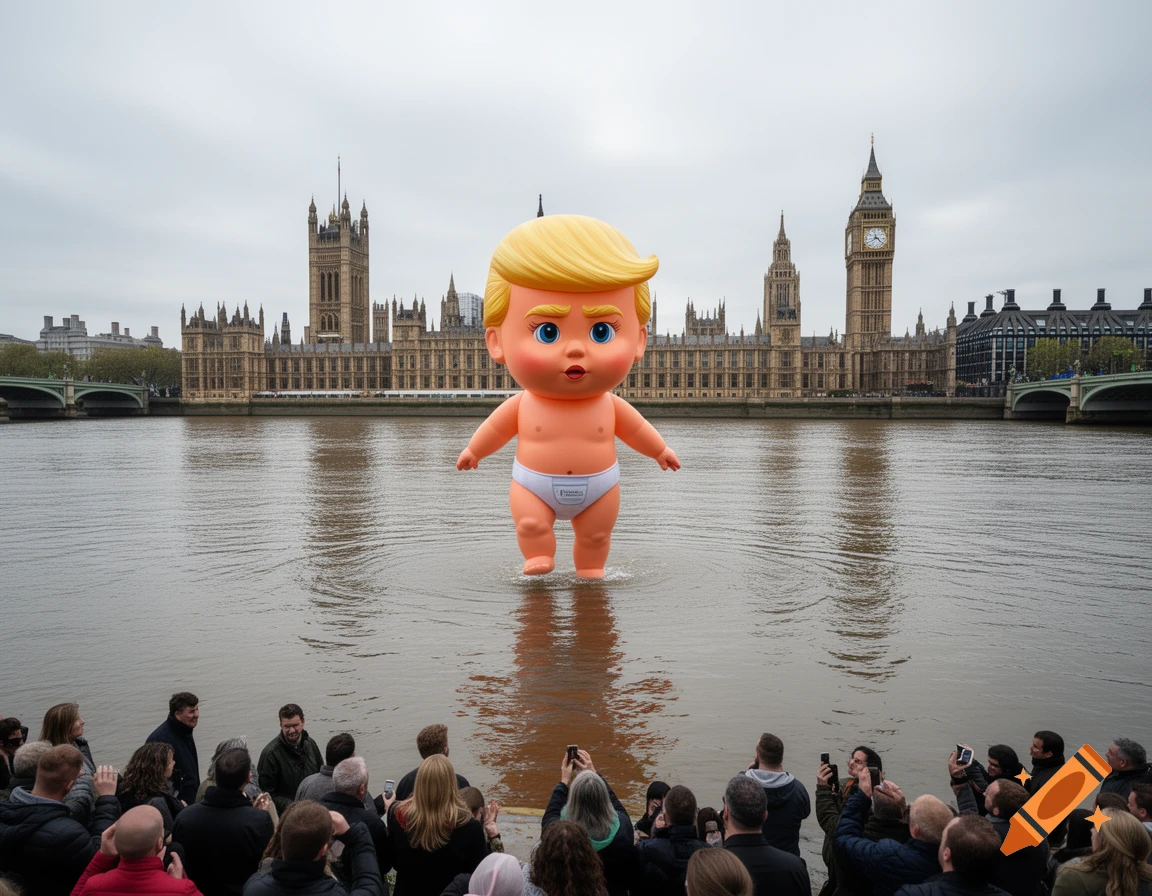 A large inflatable 'Trump baby' balloon stands in London's River Thames before the Houses of Parliament, observed by a crowd on the bank. Photorealistic.