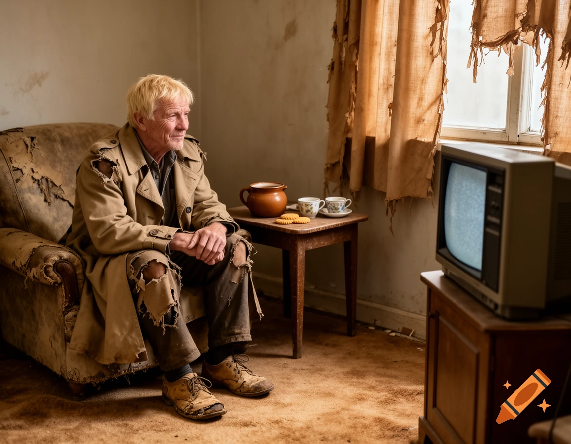 Photorealistic image of a retired blond man in a torn coat sitting in a tattered armchair in a poor room, watching an old television.
