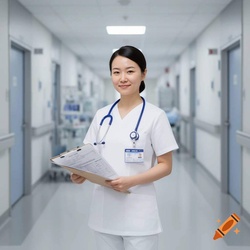 A young Asian female nurse in a white uniform and stethoscope holds a clipboard, smiling in a hospital hallway.