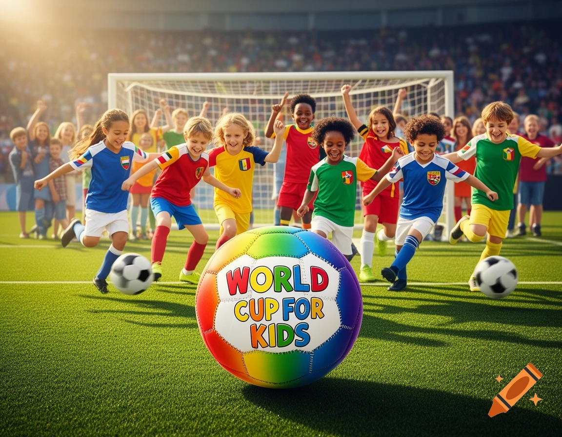 Happy children playing soccer in a stadium, a large rainbow ball with 'WORLD CUP FOR KIDS' prominently displayed.