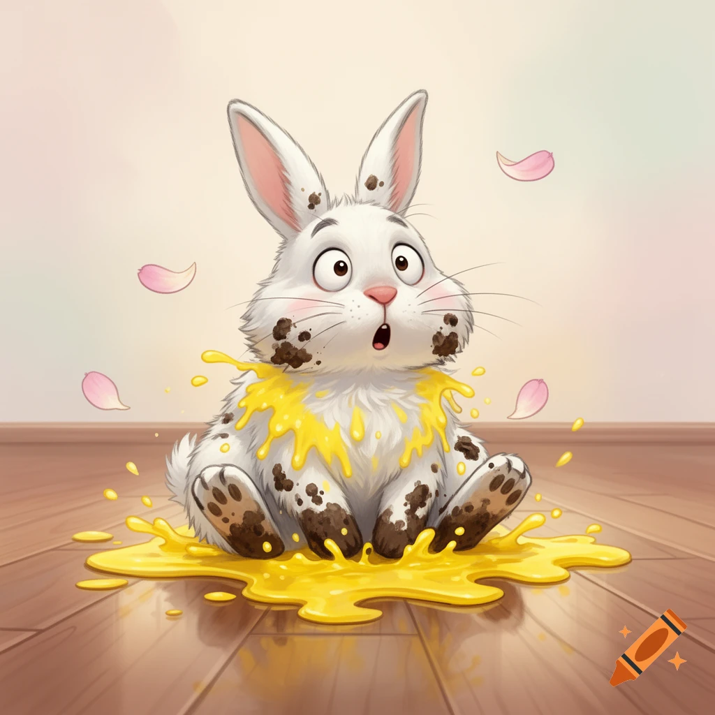 A wide-eyed cartoon bunny covered in spilled yellow liquid and brown mud sits on a wooden floor, with pink petals floating around.