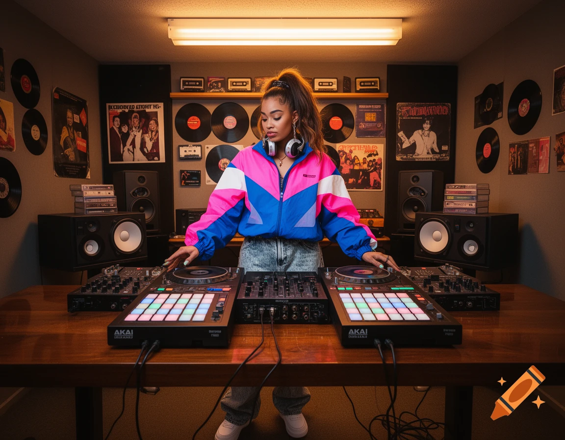 A young woman in a colorful 90s jacket and jeans DJs with two AKAI MPC machines in a room adorned with records and posters.