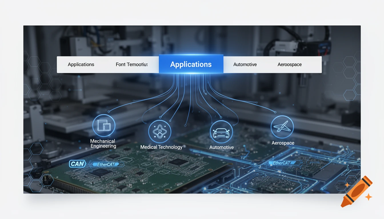 A modern digital interface with a glowing 'Applications' menu connecting to various technology sectors over industrial circuit boards.