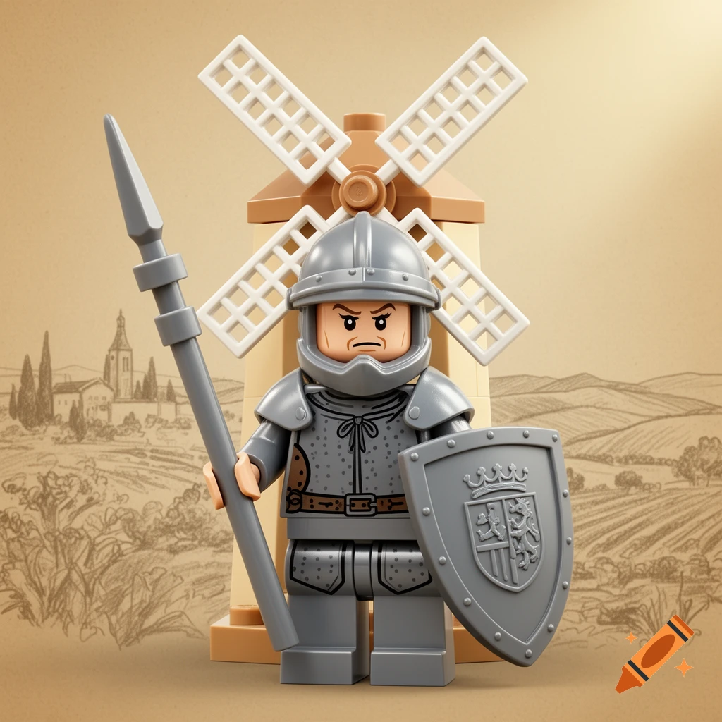 Lego minifigure knight in armor holding a spear and shield in front of a windmill and sketched landscape.