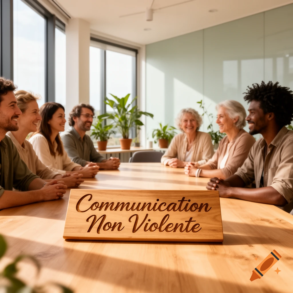 Diverse group of people smiling around a conference table with a 'Communication Non Violente' sign.