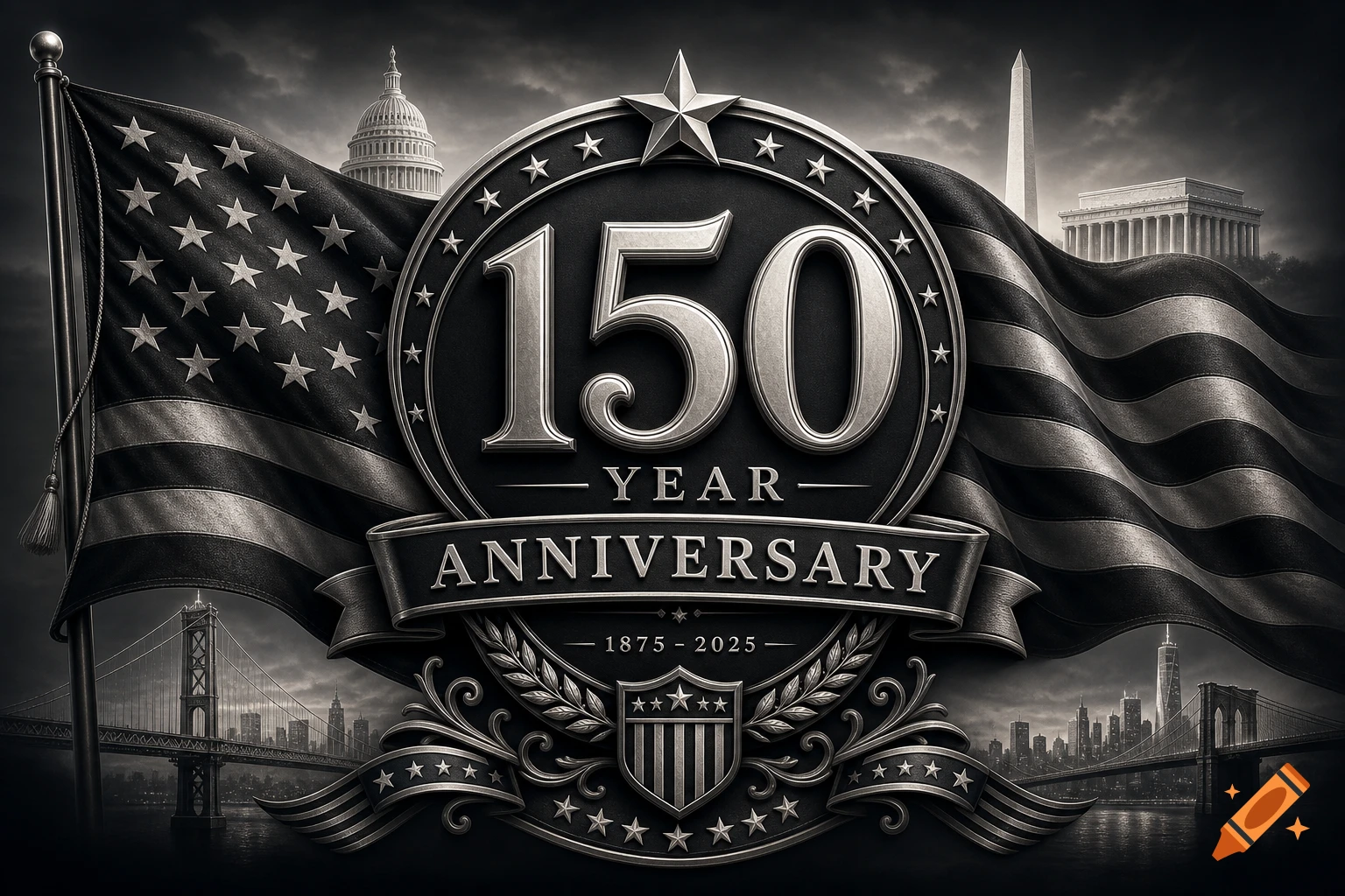 A black and white emblem for a "150 Year Anniversary" over a waving American flag and US landmarks.