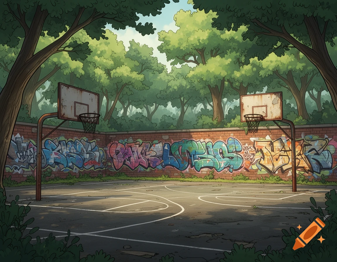 A cartoon-style old abandoned basketball court featuring two hoops, graffiti-covered brick walls, and surrounded by lush green trees in a park.