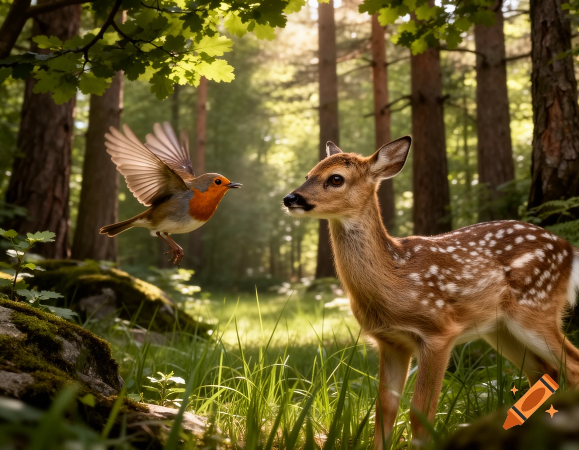 A photorealistic image of a robin in flight approaching a fawn standing in a sunlit forest.