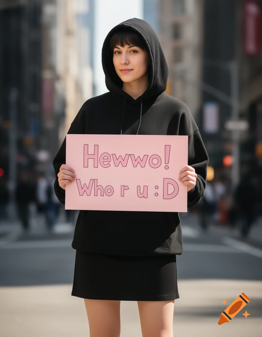 A person in a black hoodie and black skirt holds a soft pink sign with "Hewwo! Who r u :D" on it, standing on a blurred city street.