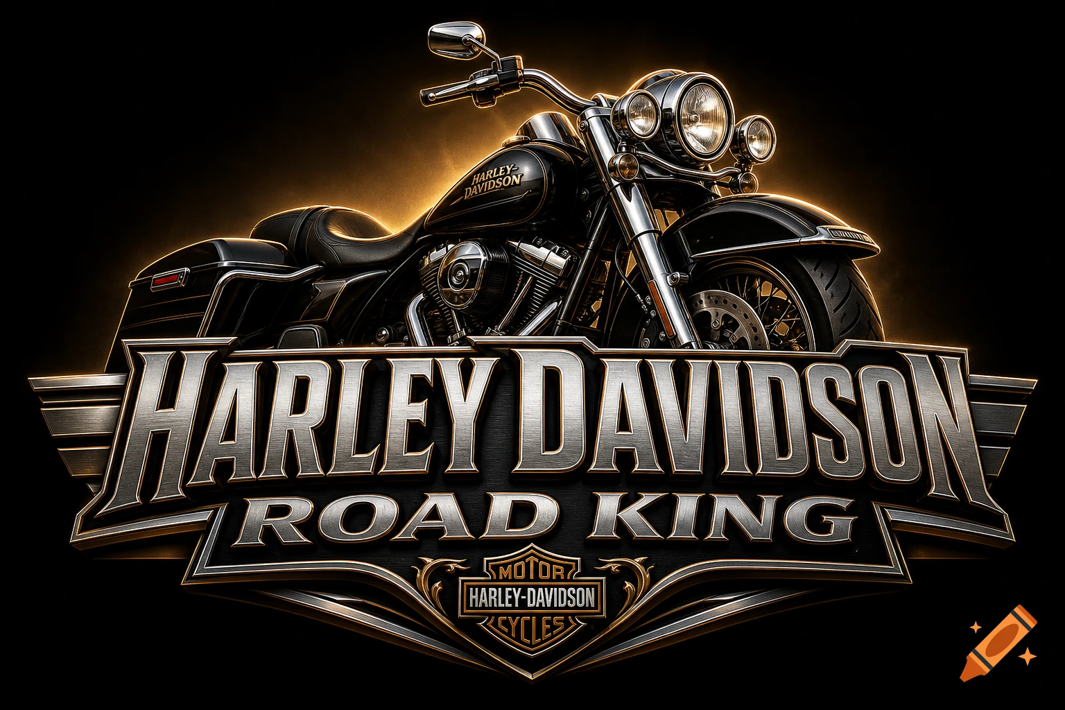 Harley Davidson Road King motorcycle logo in metallic silver and black, with a gold glowing background.