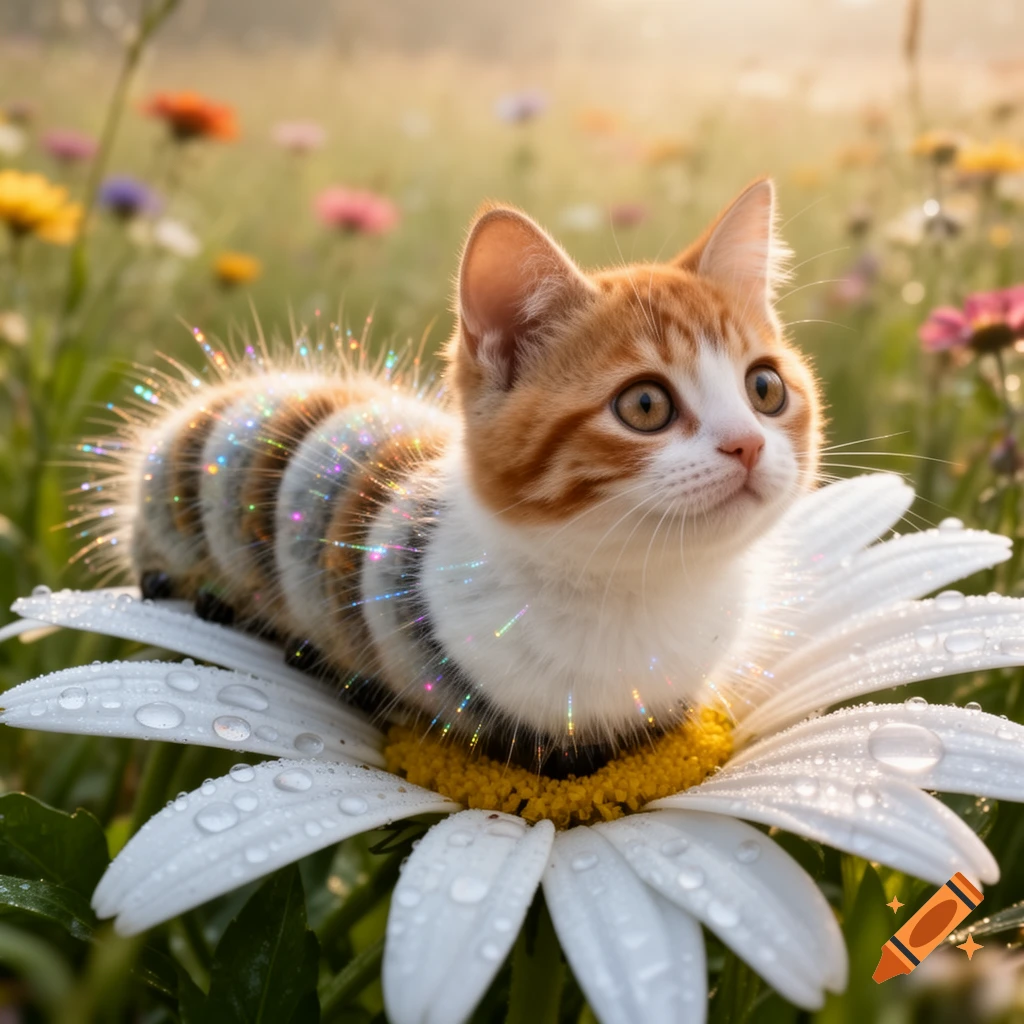 A photorealistic, sparkly kitten-caterpillar hybrid with orange and white fur sits on a dewy white daisy in a wildflower meadow at sunrise.