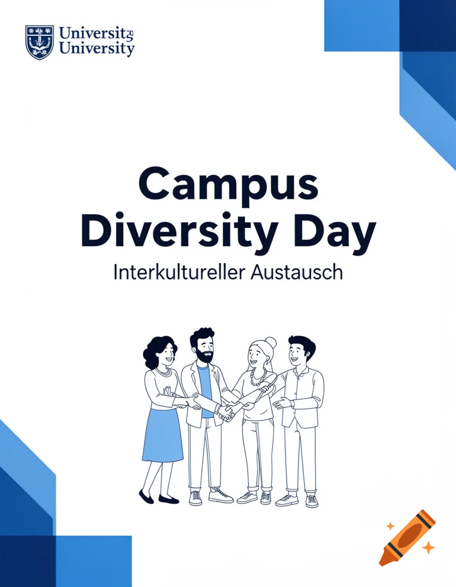 A minimalist university event flyer for Campus Diversity Day, with line art illustrations of diverse students and abstract blue geometric shapes.