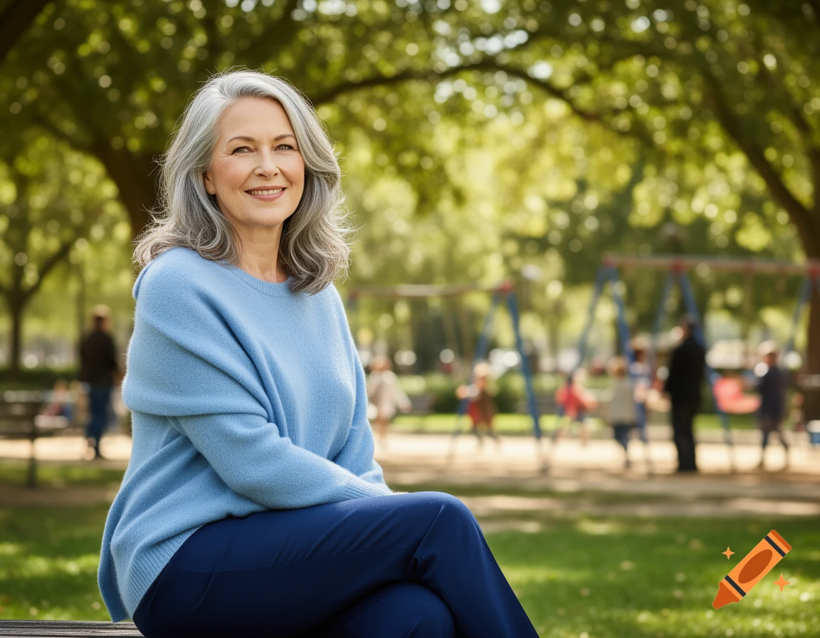A smiling older woman with grey hair sits on a bench in a sunny park with a blurred playground in the background.