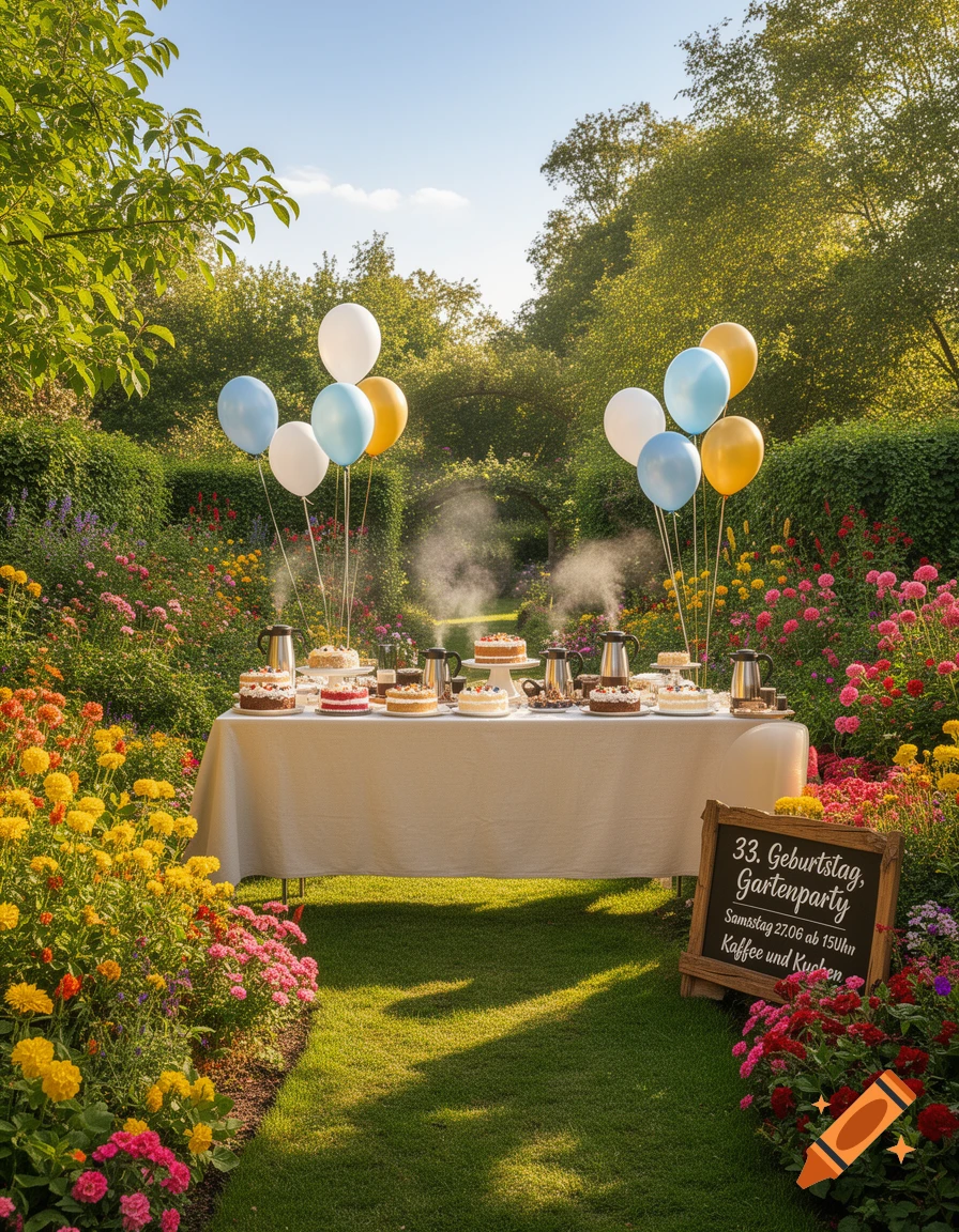 A garden party table laden with cakes and coffee, flanked by balloons and colorful flowers. A chalkboard sign reads '33. Geburtstag, Gartenparty'.
