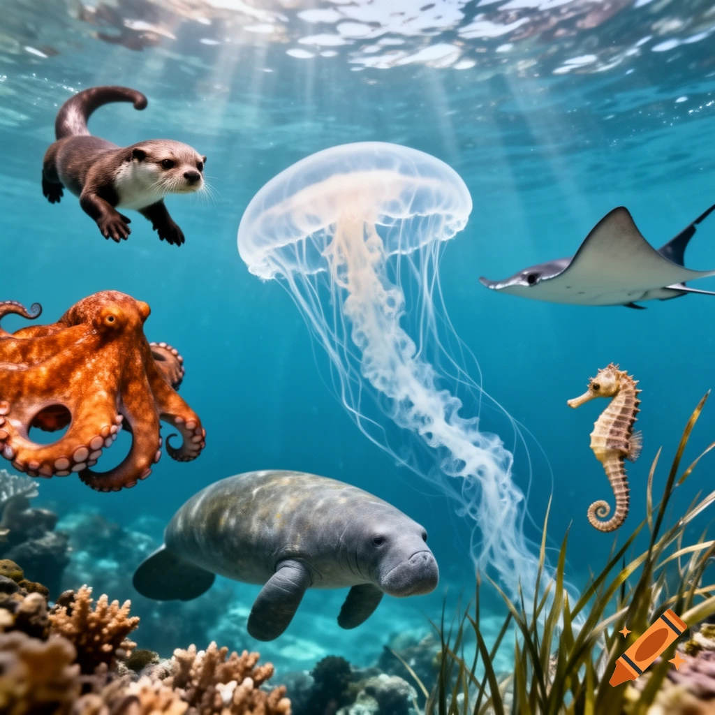 An underwater scene with an otter, jellyfish, octopus, manatee, stingray, and seahorse swimming among coral and seagrass.