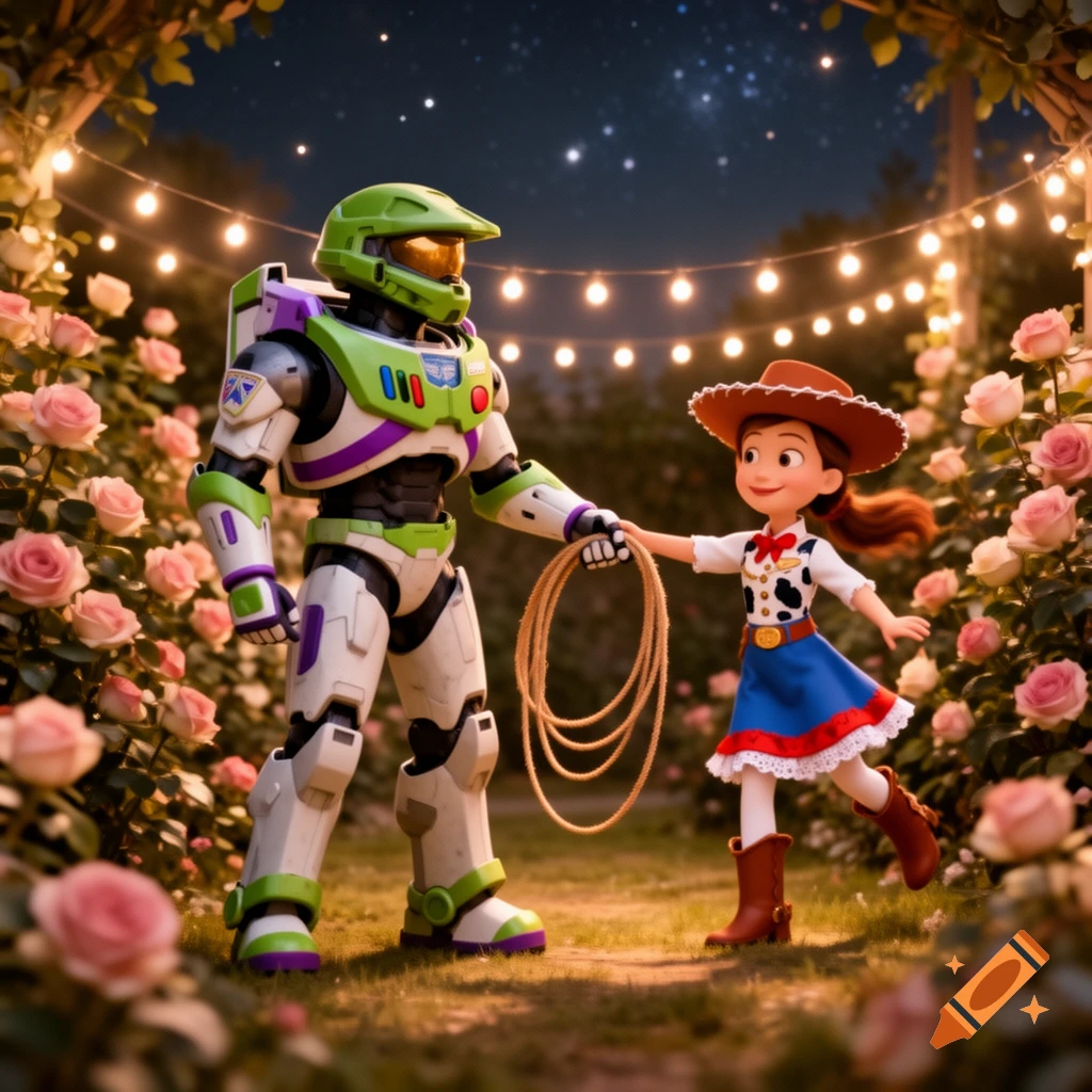 Buzz Lightyear, dressed as Master Chief, and Jessie in a romantic rose garden with string lights at night. Jessie holds a lasso.