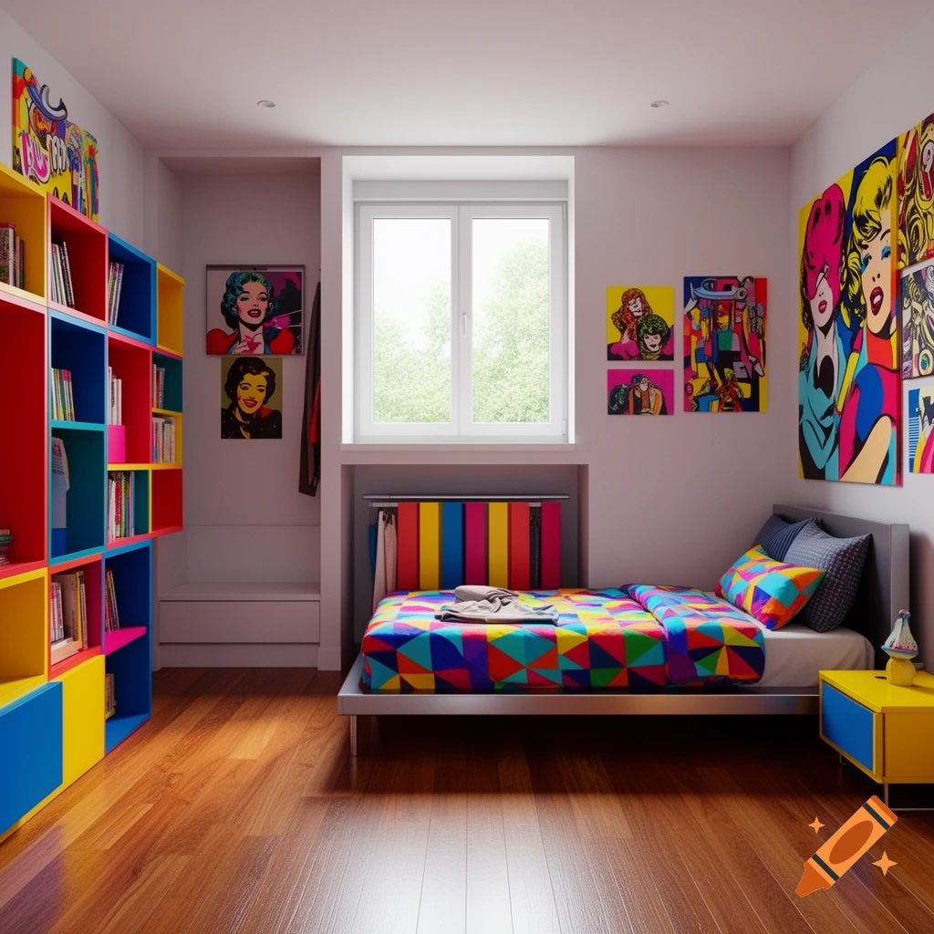 A vibrant pop art style bedroom featuring colorful bookshelves, geometric patterned bedding, and wall art.