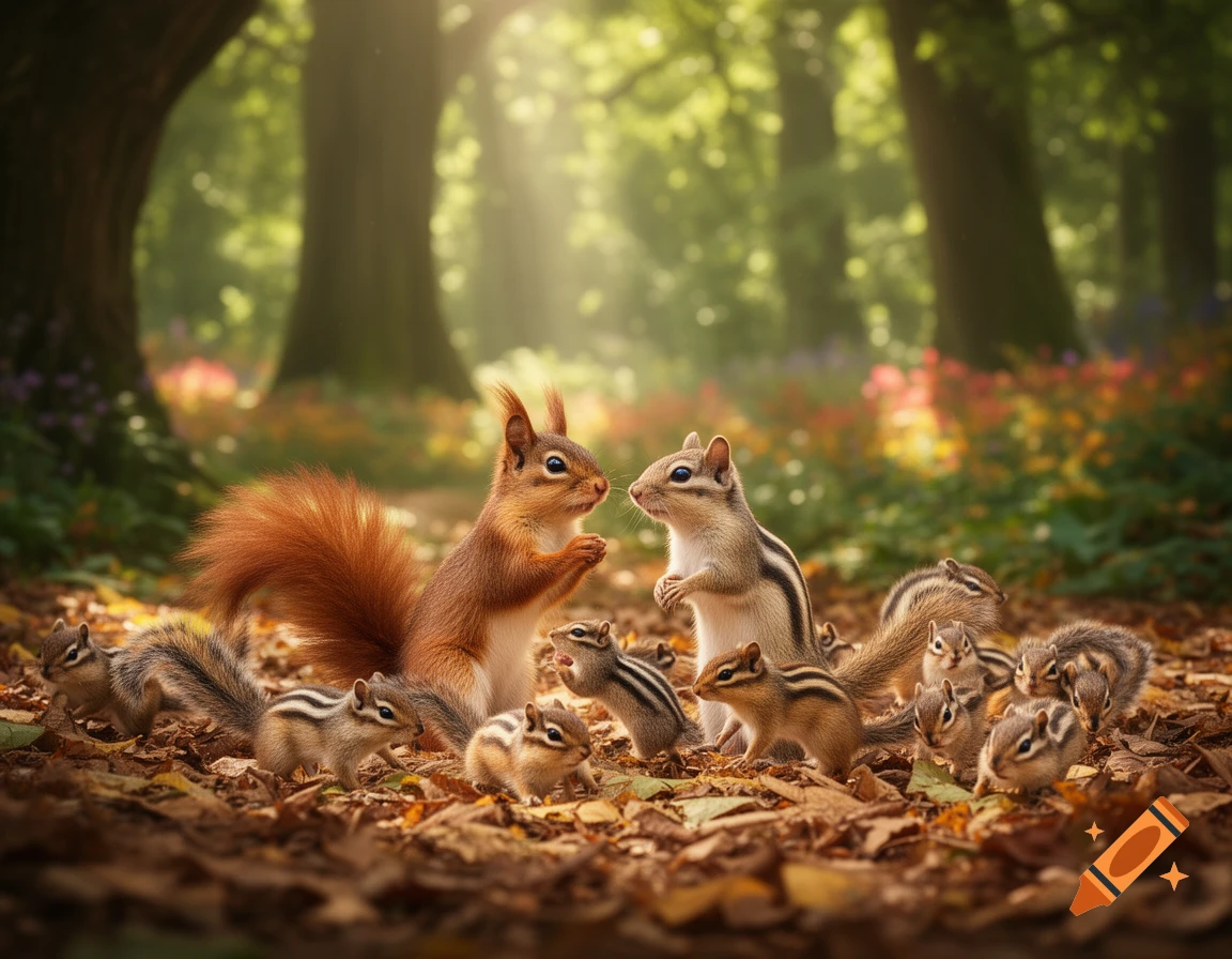 A red squirrel and a chipmunk surrounded by many baby chipmunks on a sunlit forest floor covered in autumn leaves, photorealistic.