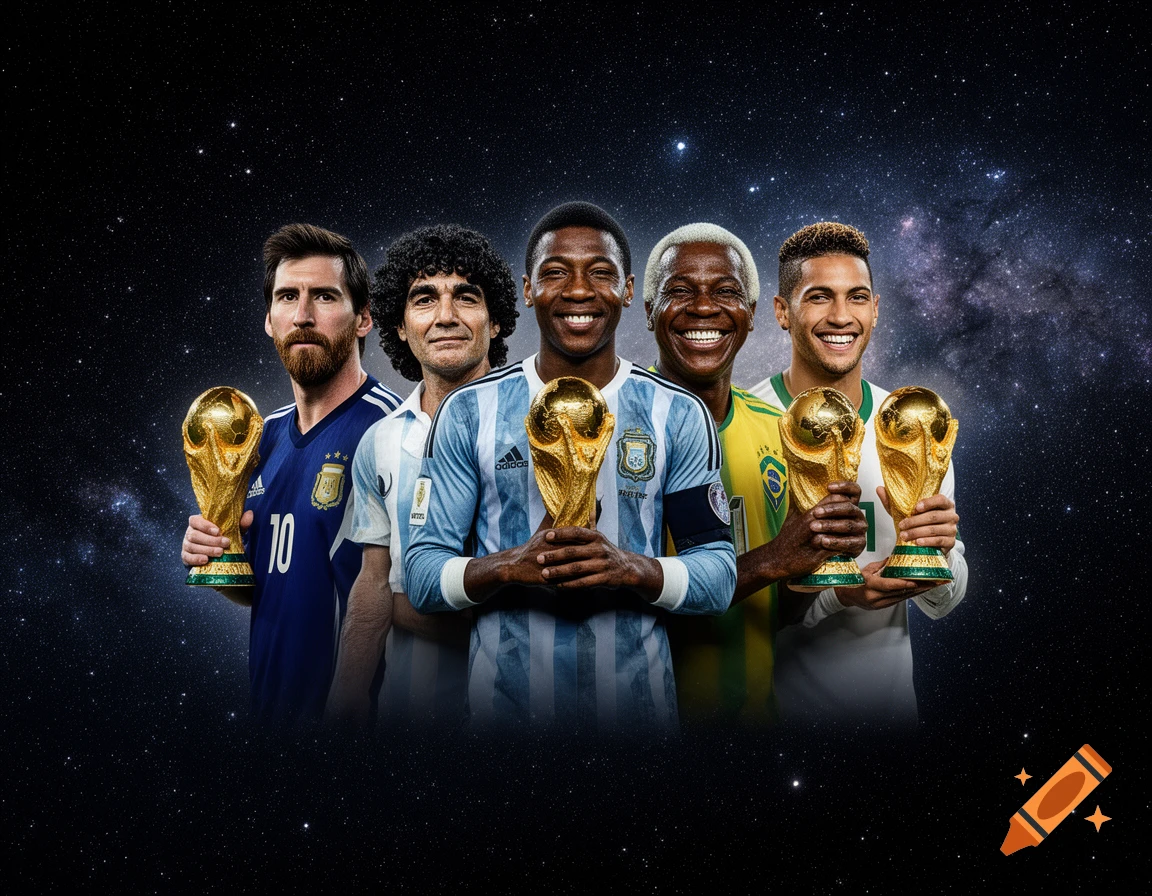 Five famous soccer players, including Messi, Maradona, Pelé, and Neymar, stand smiling, holding World Cup trophies against a starry space background.
