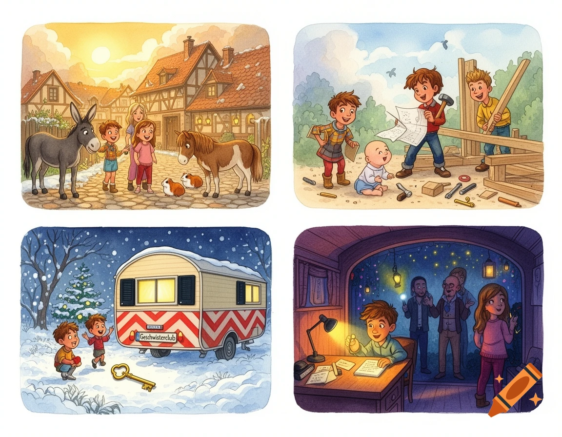 Four watercolor illustrations showing children's adventures: meeting animals in a village, building a structure, finding a key by a trailer in snow, and planning inside a trailer.