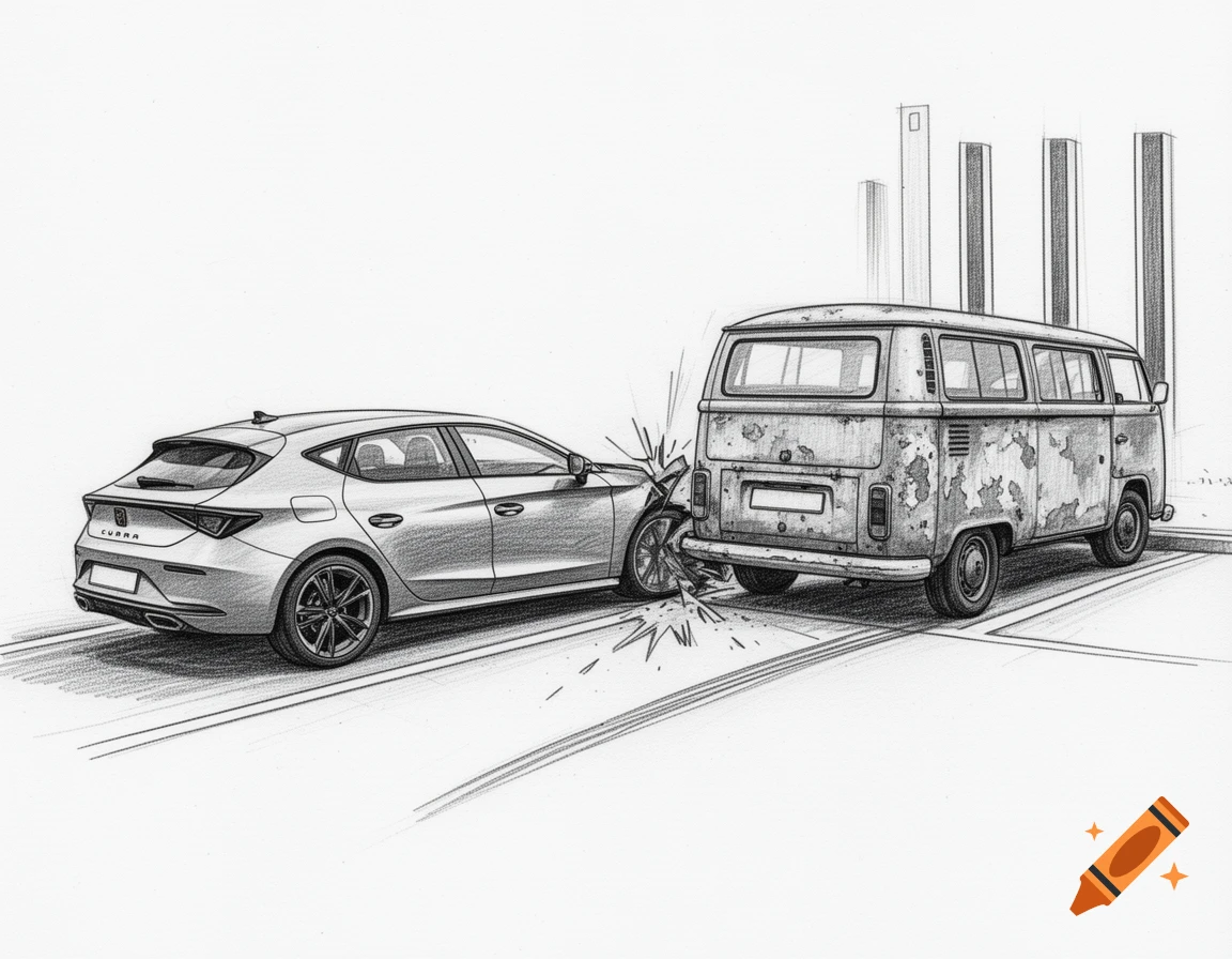Pencil sketch of a silver Cupra car getting rear-ended by a rusty vintage VW bus in a parking lot.