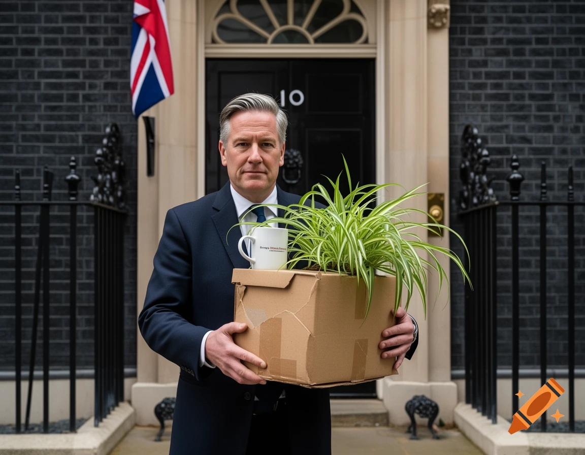 A man in a suit stands outside 10 Downing Street, holding a cardboard box with a spider plant and a coffee mug.