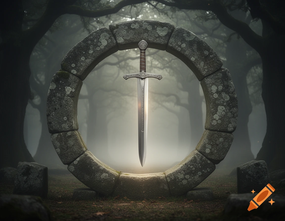 A glowing silver sword floats upright within a moss-covered stone circle in a dark, misty forest.