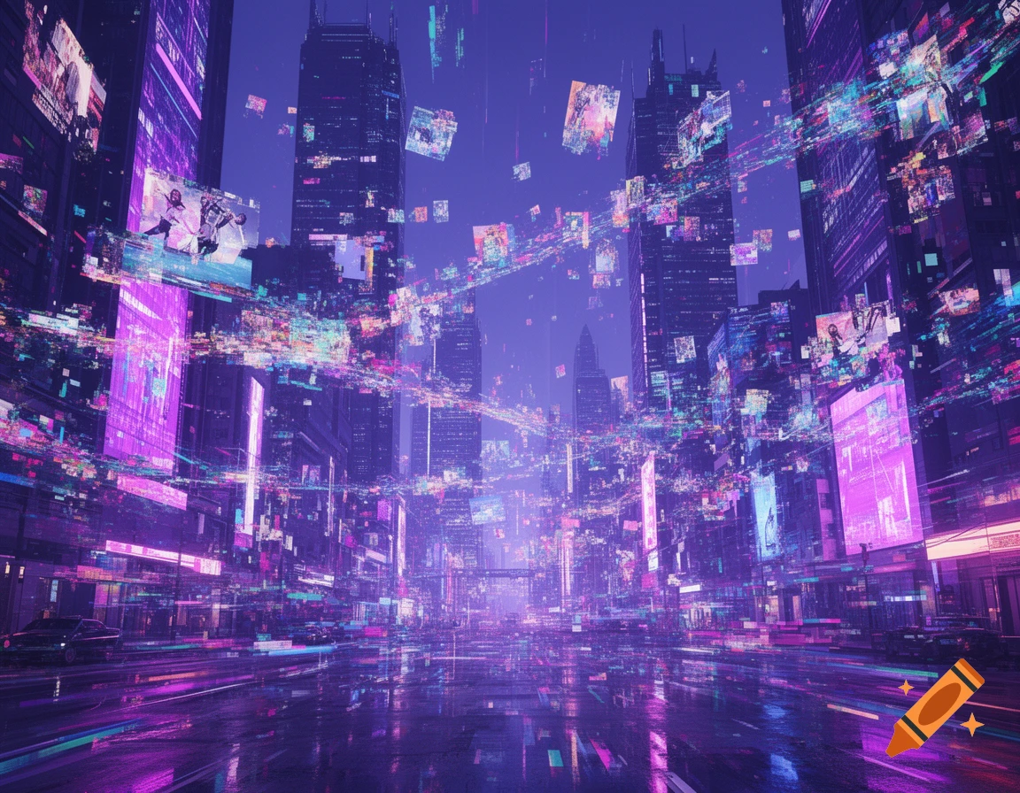 A futuristic city street at night, illuminated by purple neon lights and filled with scattered glitch effects and digital data streams.