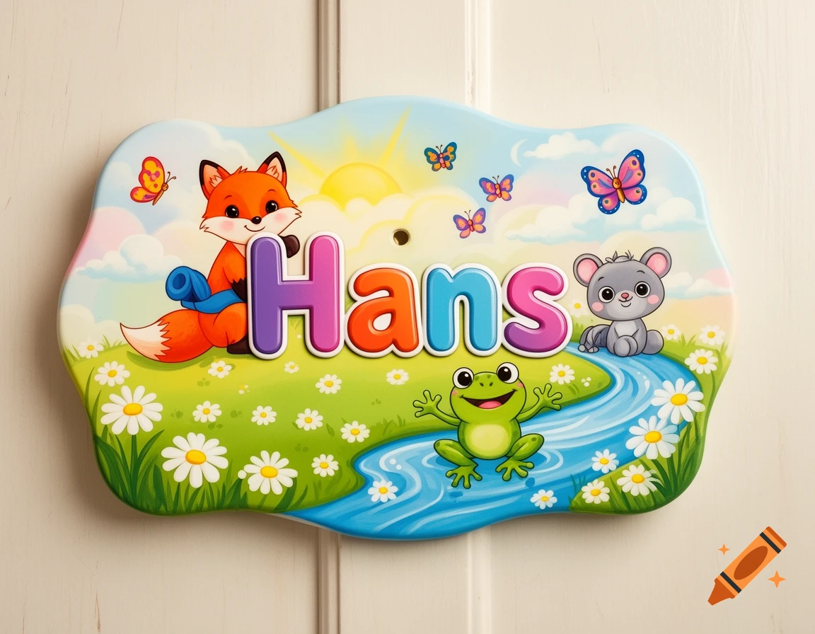 Colorful child's nameplate with a cartoon fox, frog, mouse, butterflies, flowers, and stream, featuring the name Hans.