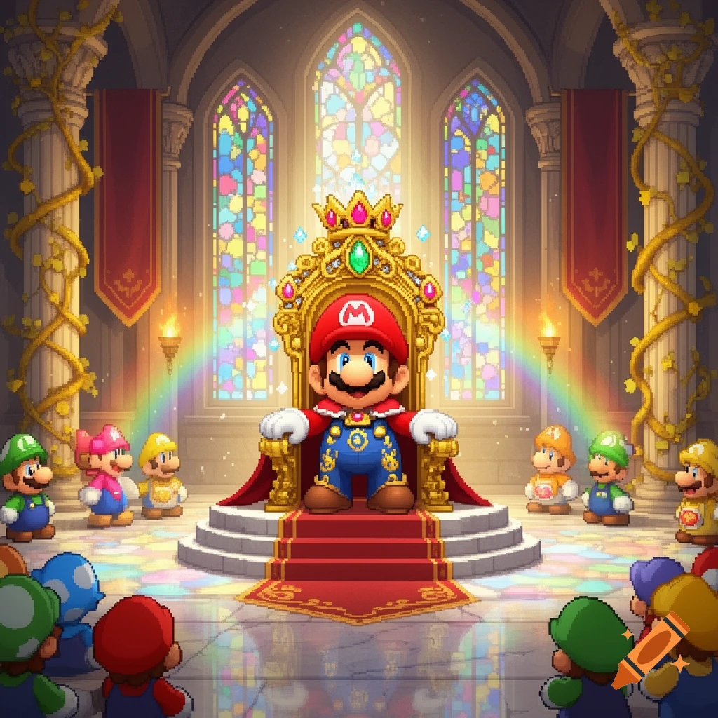 Pixel art of King Mario sitting on an ornate golden throne in a grand castle, surrounded by other Mario characters.