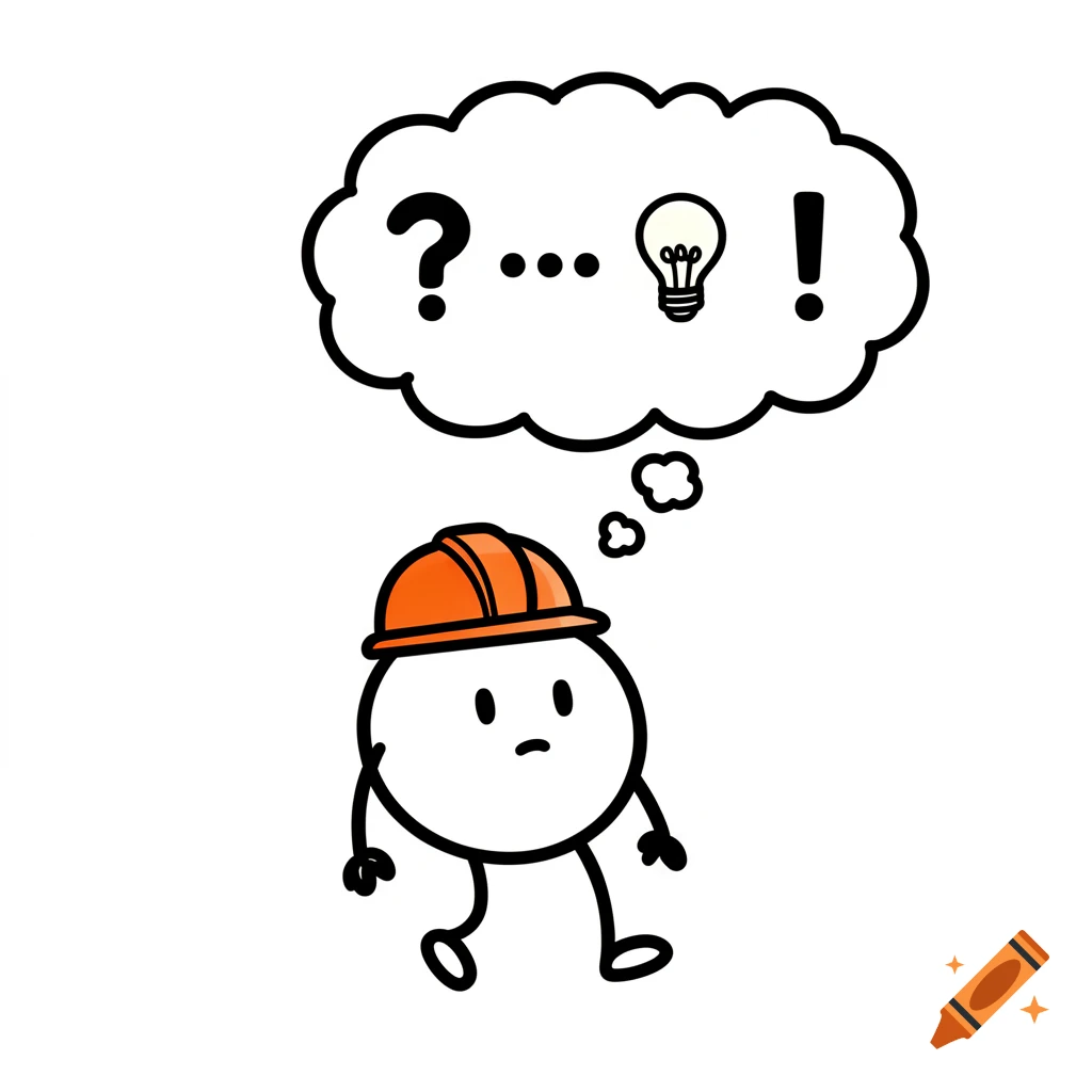 A curious 2D line art Flork meme character in an orange hard hat with a thought bubble showing a question mark, ellipsis, light bulb, and exclamation mark.