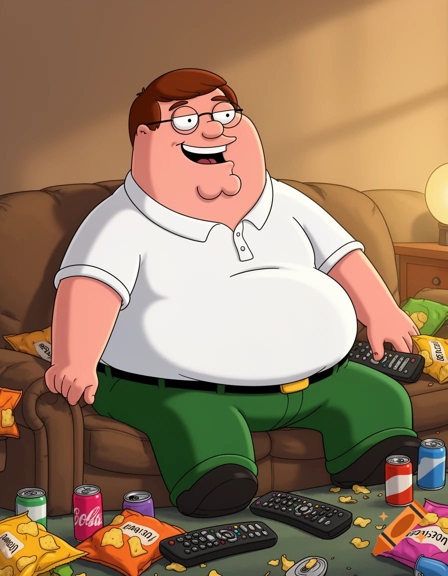 A cartoon man resembling Peter Griffin sits on a brown couch surrounded by snack bags, soda cans, and remote controls.